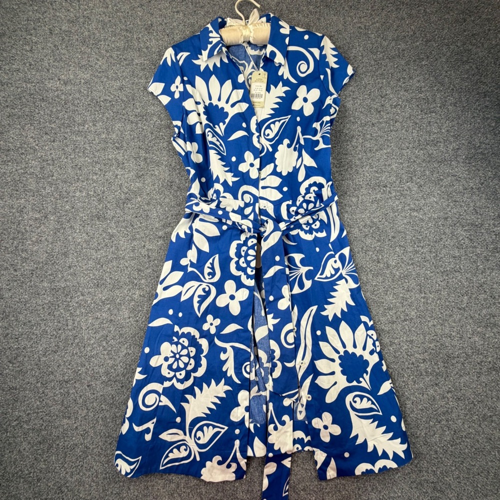 Boden Womens 12R Blue White Floral Cotton Midi Shirt Dress Vacation Belted NWT - Picture 2 of 13